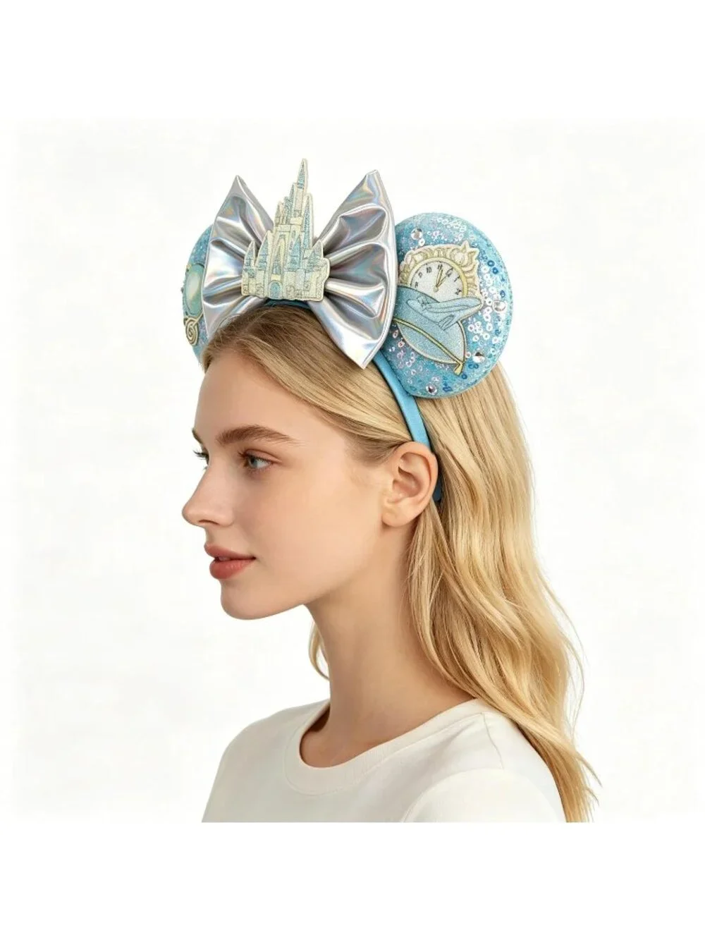 Women Blue Polyester Sparkle Sequins Mickey Mouse Hair Bow Handmade Headband